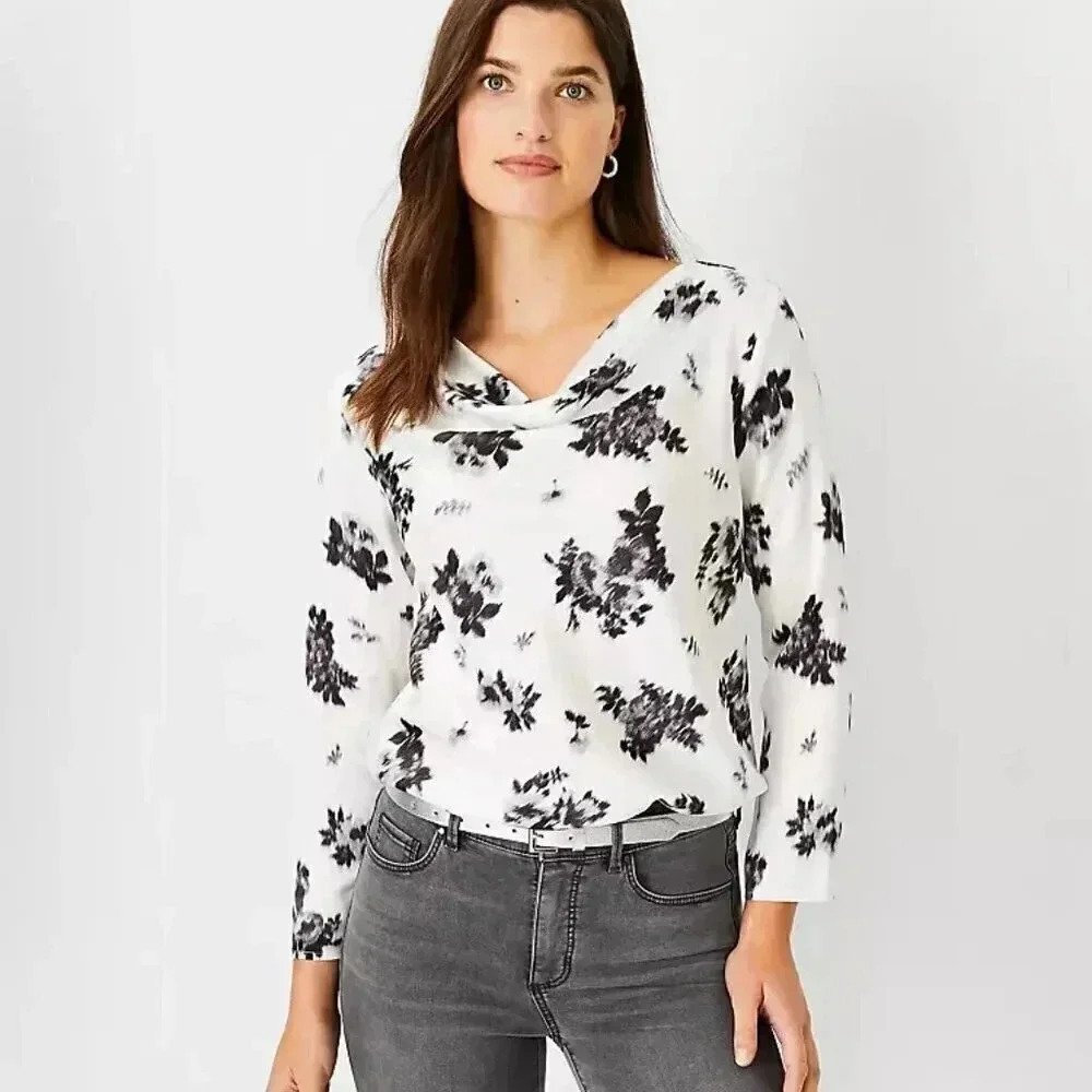 Ann Taylor Draped Neck Floral Long Sleeve Top XL